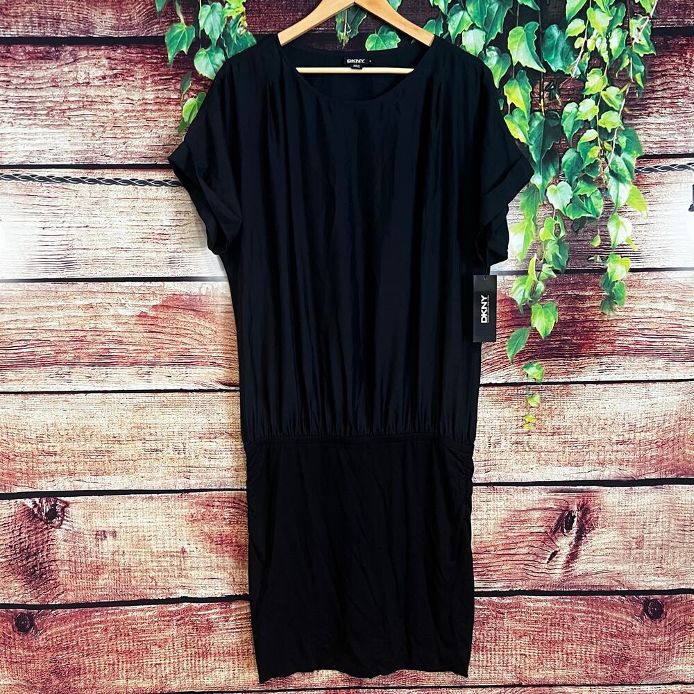 DKNY T Shirt Dress Midi Medium Black Silk Viscose Short Sleeve Cinched Ruched